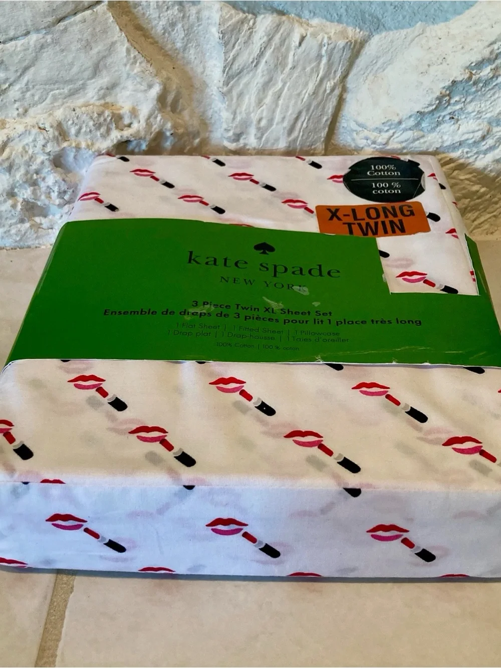 DORM READY NEW kate spade New York X-Long Twin Lipstick Print Sheet Set